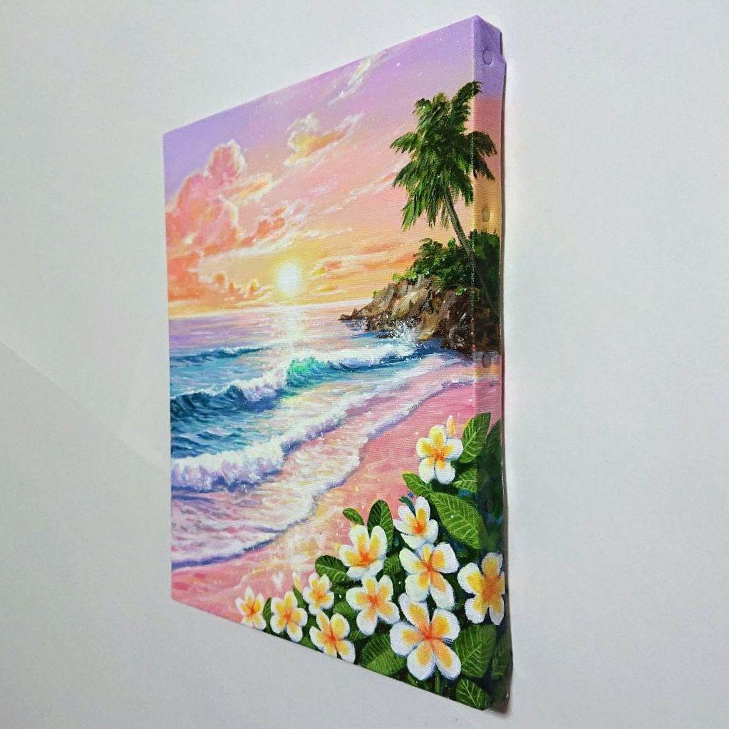 【夏の夕日】アクリル画 F3 風景画 絵画