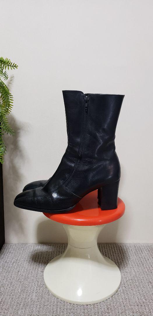 ◆レディース 26cm 黒レザー スクエアトゥ ジップブーツ ヒール 7.5cm