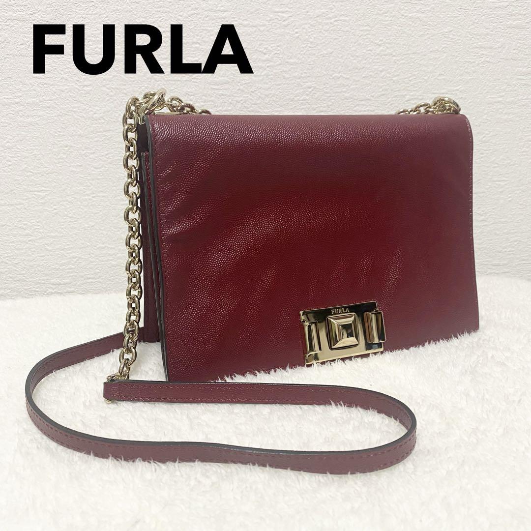 FURLAフルラ MIMIミミダークレッドゴールドチェーンショルダークロスボディ