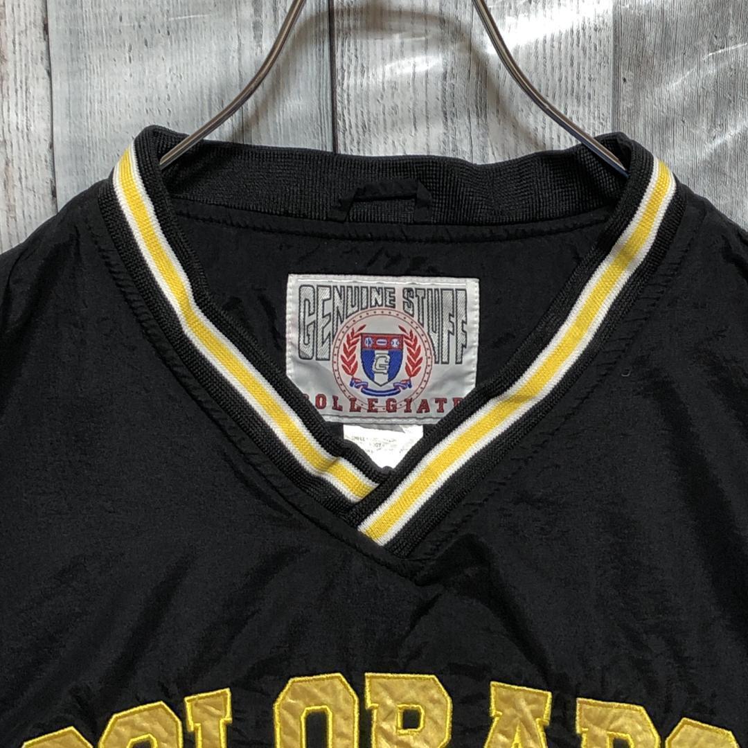 カレッジロゴ 刺繍ロゴ ナイロンジャケット プルオーバー 黒×黄 XL 90s