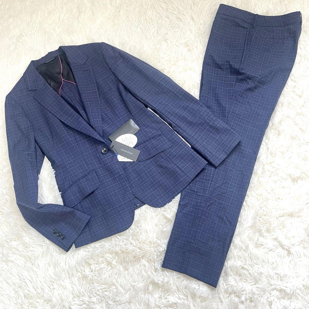 新品　HILTON パンツスーツ　チェック　ネイビー　XL ストレッチ　背抜き