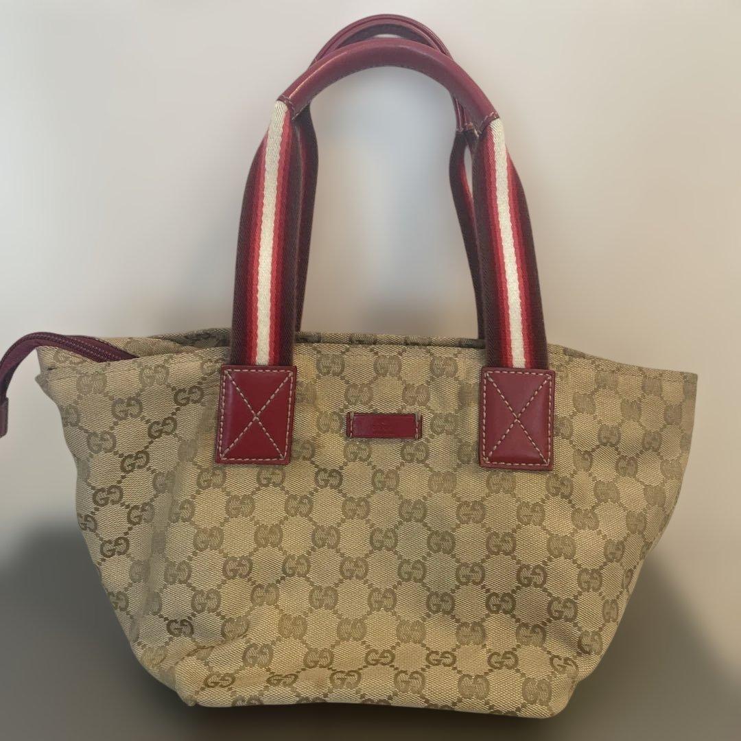 ◉GUCCI舟型 ハンドバッグ GG柄 ベージュ×レッド