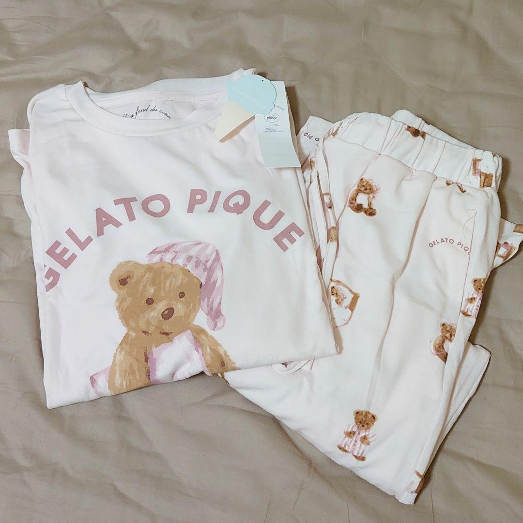 GOOD NIGHT BEAR柄ワンポイントロンT&ロングパンツ ピンク一