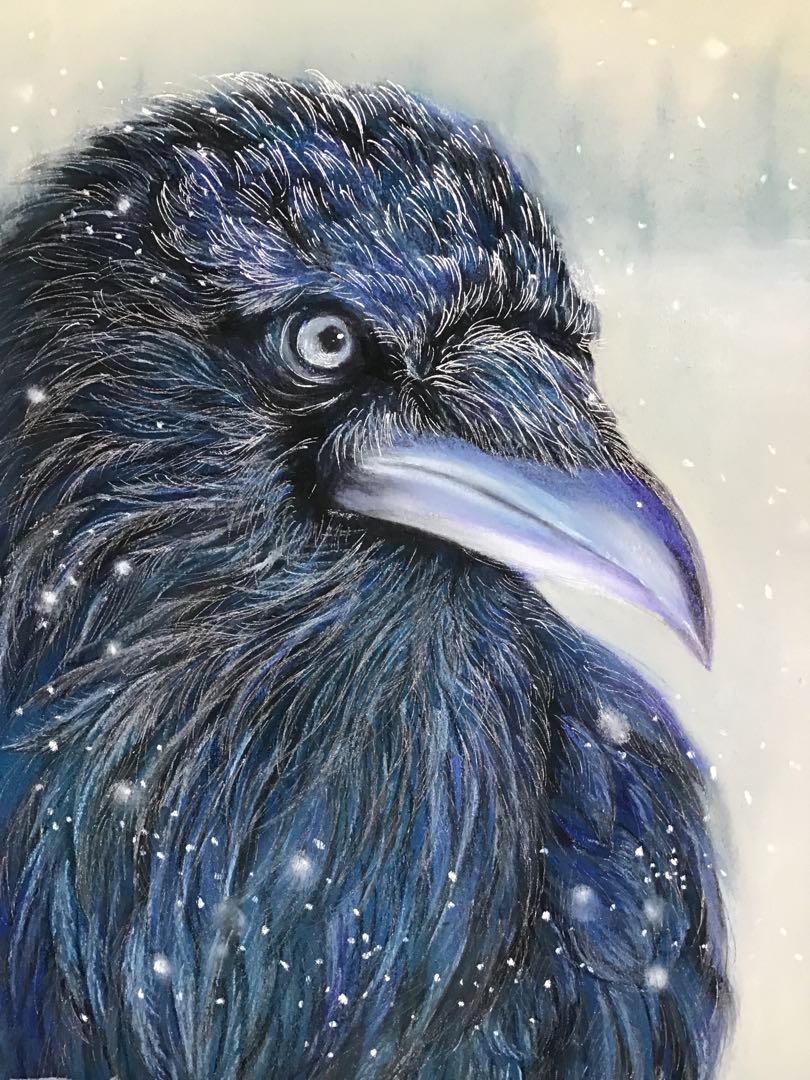 Blue Crow ハンドメイドパステル画 絵画アート原画 絵画