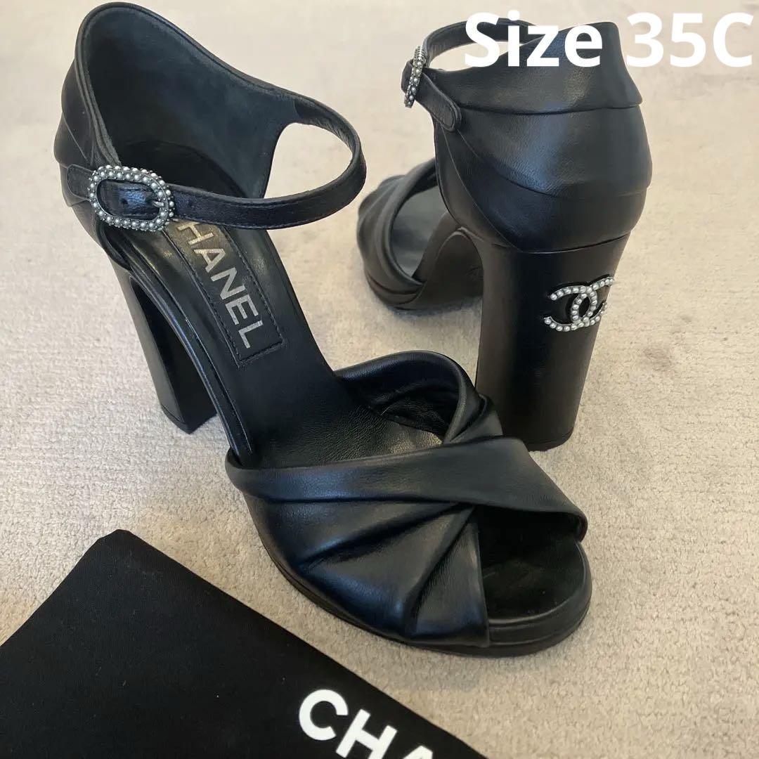 CHANEL シャネル 黒レザーサンダル　パールココマークつき　サイズ35