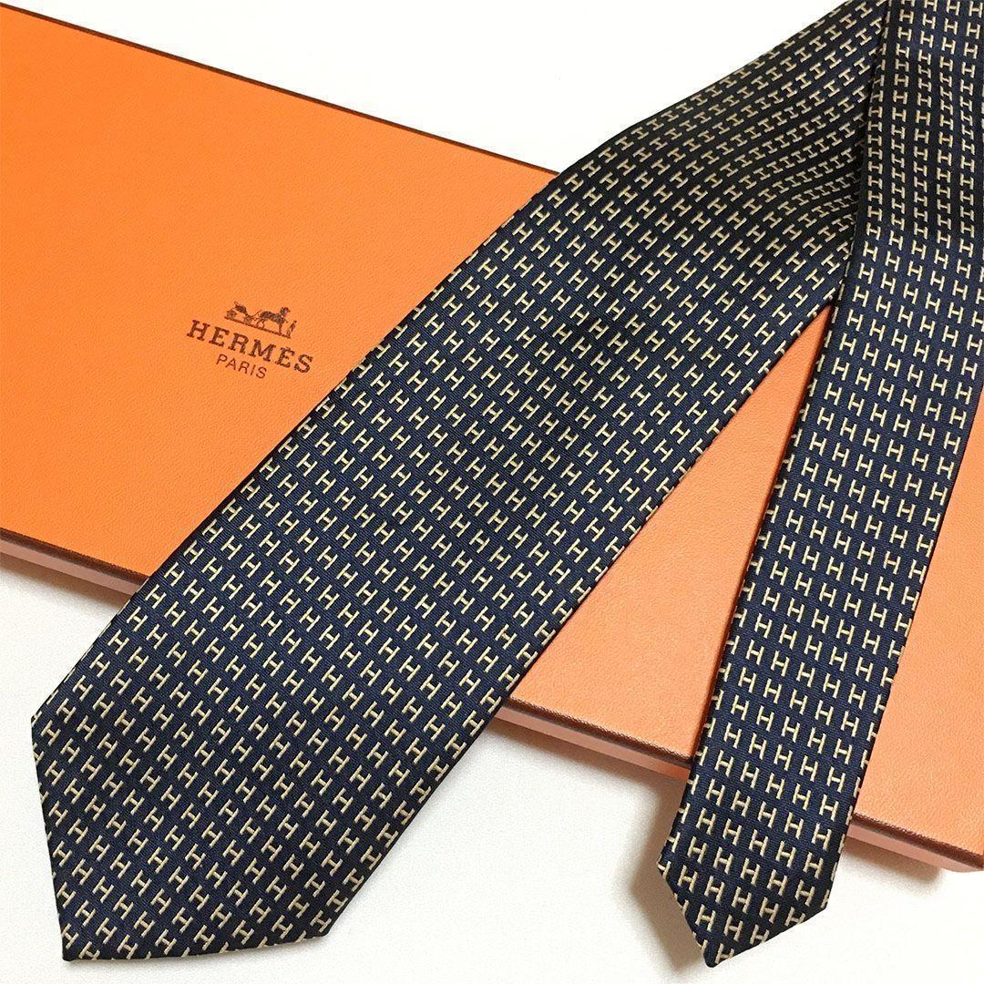 未使用級 H織りタイ ファソネH柄 エルメス HERMES ネクタイ ネイビー 未使用級 H織りタイ ファソネH柄 エルメス HERMES ネクタイ ネイビー