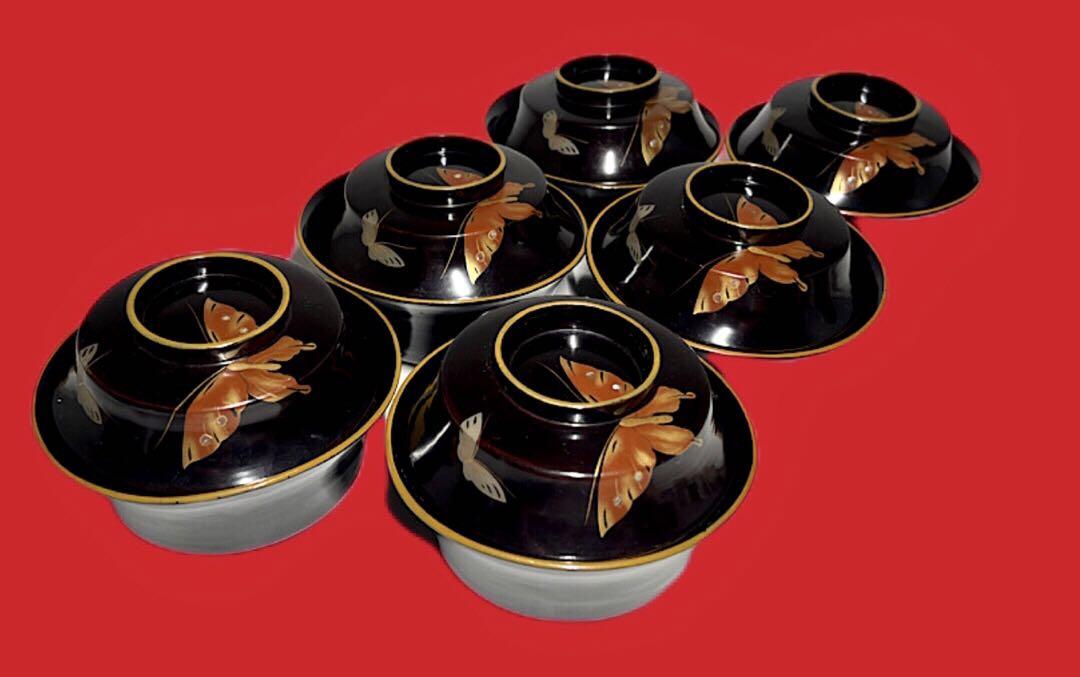 角形 螺鈿細工 漆器6客 金赤蒔絵蝶文 50年前 送込