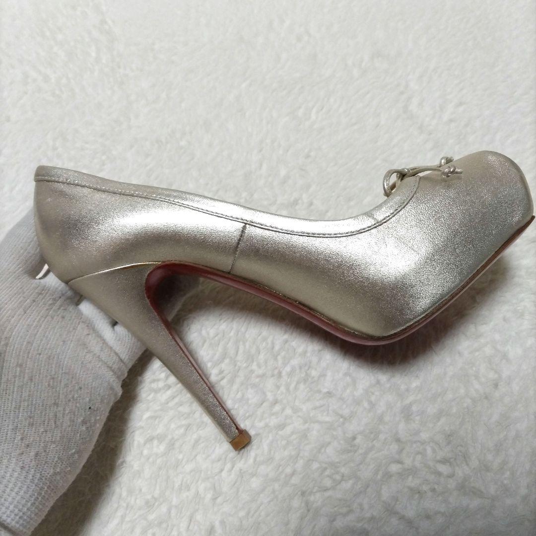 クリスチャンルブタン リボン スクエアトゥ ハイヒール パンプス ゴールド 美品