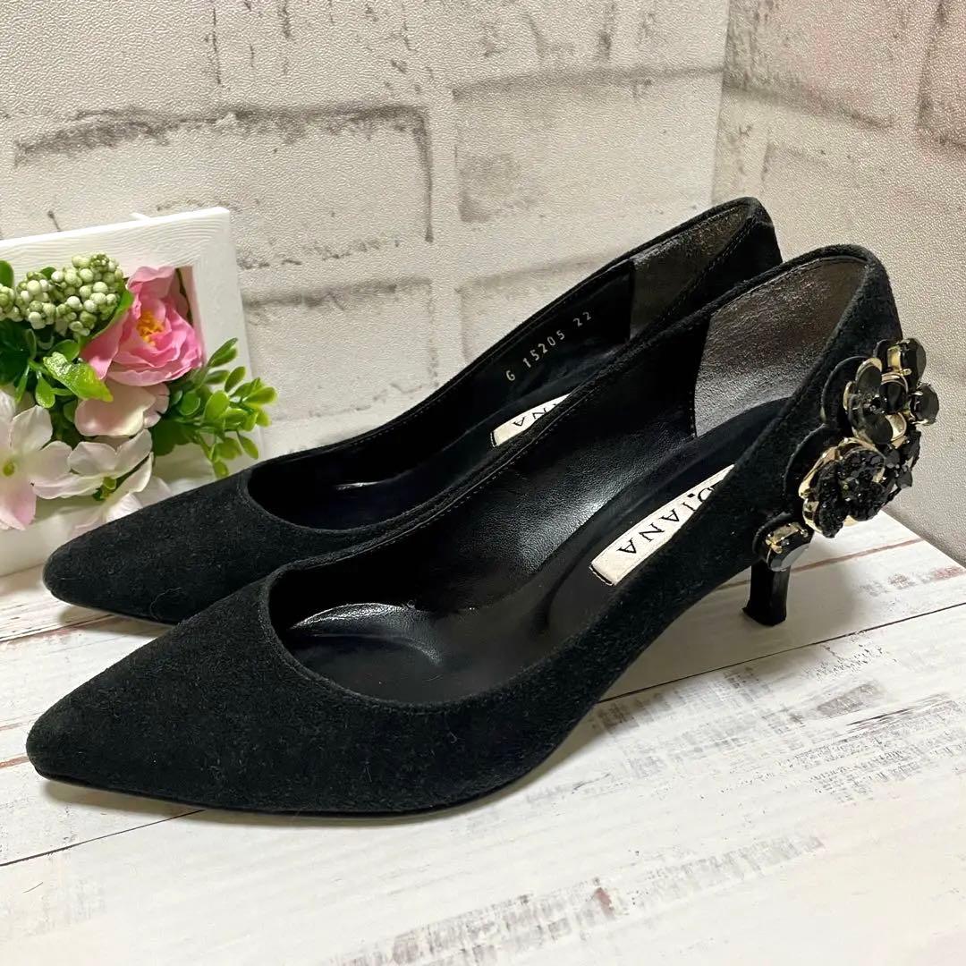 公式】 DIANA ダイアナ パンプス スウェード ブラック ビジュー tdh