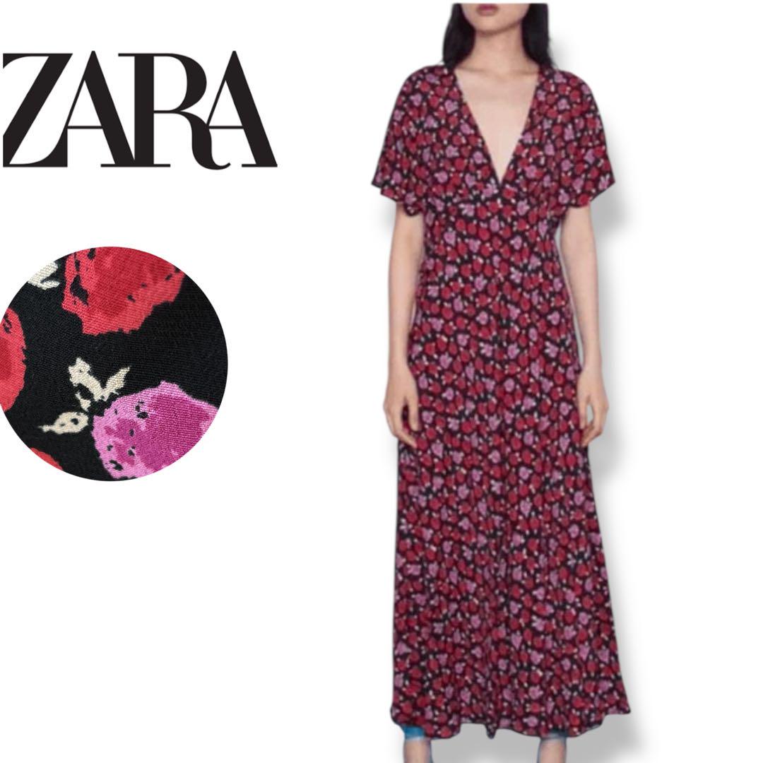 新品/zara】ザラ フラワープリントAラインワンピース マキシ丈