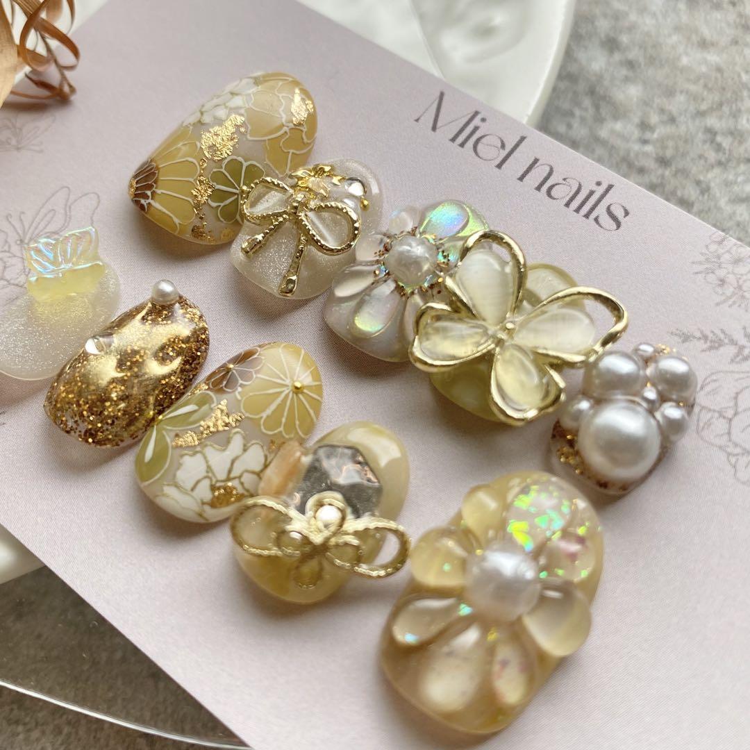 516ネイルチップ現品販売　成人式和柄結婚式イエロー系入学卒業式韓国振袖