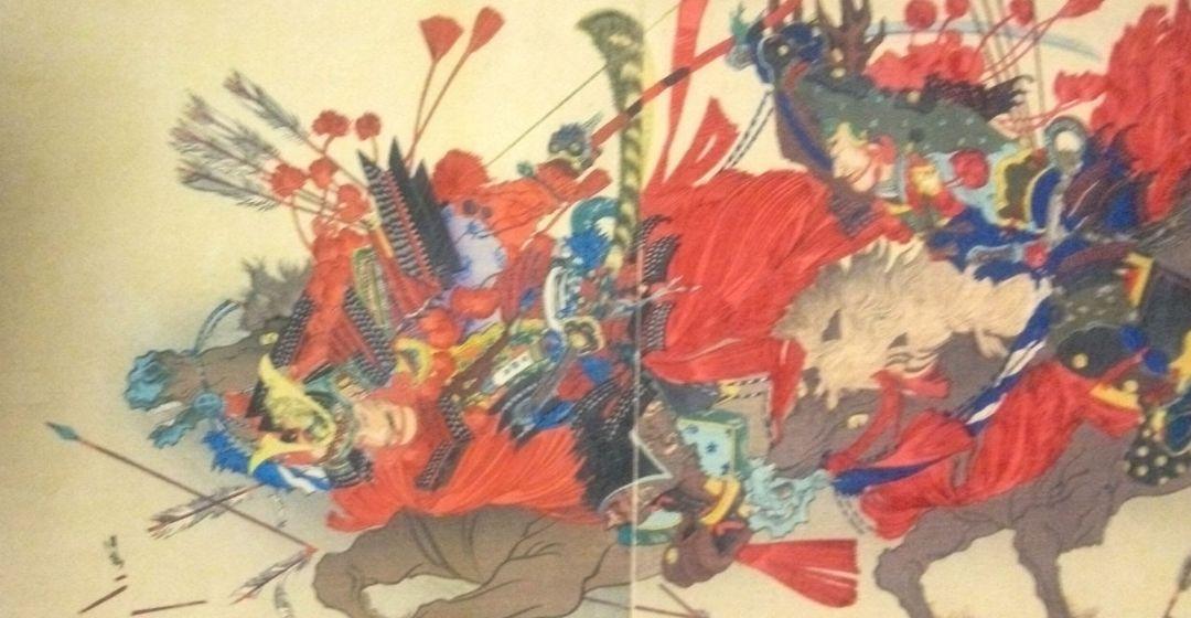 浮世絵、都平安城外勇戦圖三枚綴り、呂雪画