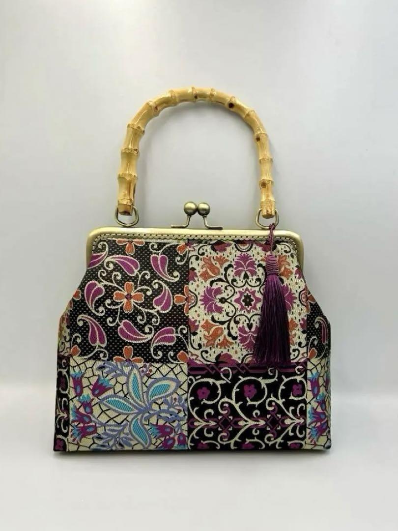 【ハンドメイド】がま口   ハンド バッグ バンブー 持ち手#953