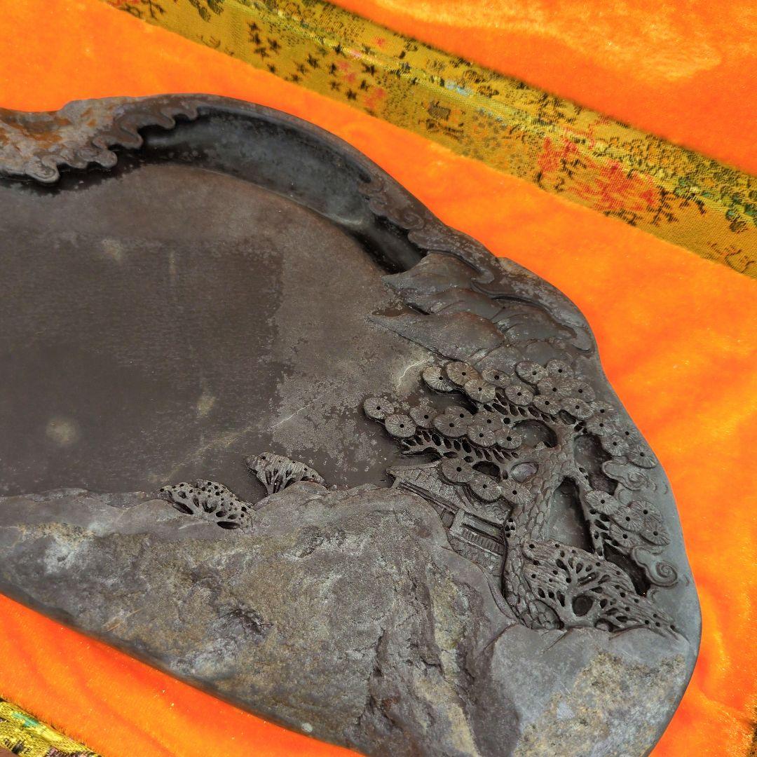中国硯 手彫り 端渓硯 約300×160×35mm 天然石端渓石