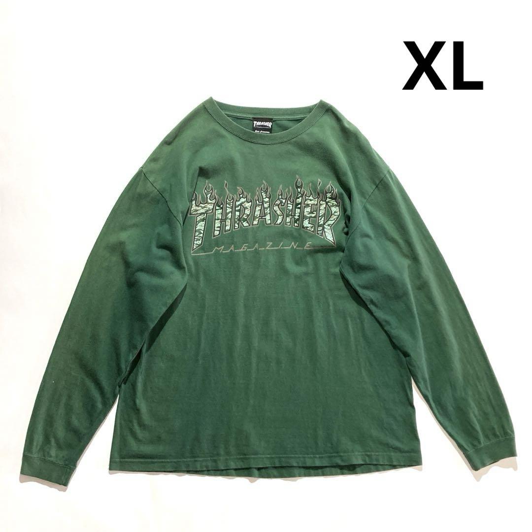 THRASHER ロゴ ロンT XL 深緑 迷彩プリント タイガーストライプ
