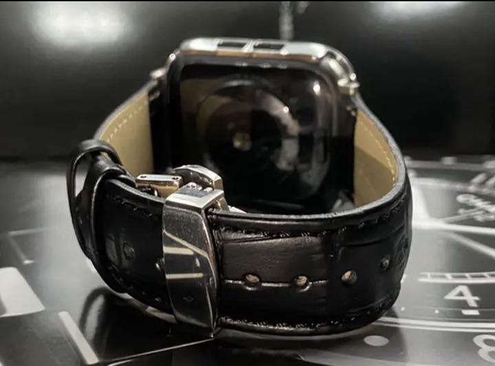 即納大人気 45mm カバー &ベルト本革 WTFwr-m73559461301 ブラックシルバー アップルウォッチカスタムベゼル 超特価低価