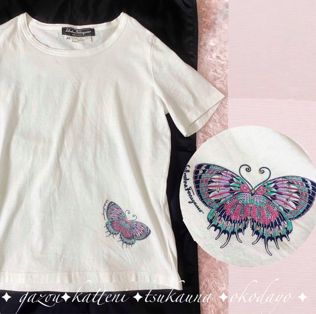 17 フェラガモ　ブランドロゴ Tシャツ バタフライプリント 蝶々 ちょうちょ