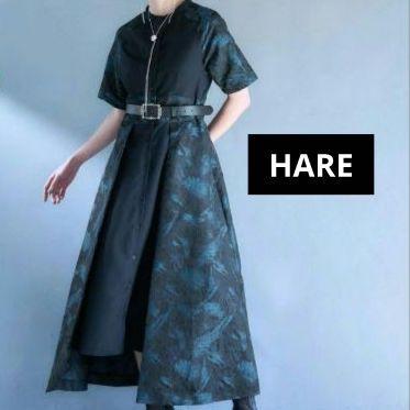 美品✨ HARE ジャガード　キリカエ　スタンドエリ　ワンピース　ブルーグリーン