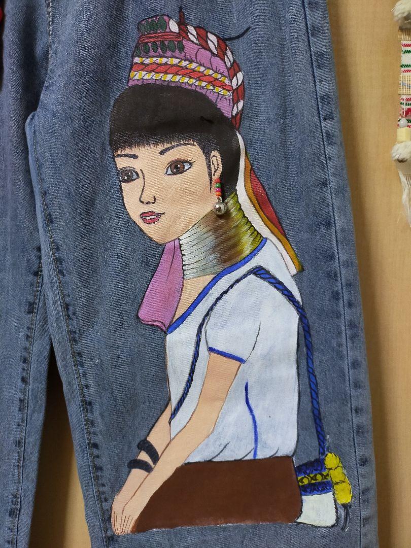 エスニック　デニムパンツ　モン族　絵描き　リメイク衣類　新品　タイ製6 エスニック デニムパンツ モン族 絵描き リメイク衣類 新品 タイ