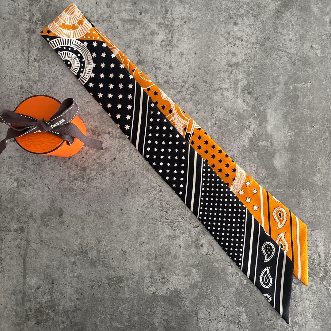 エルメス ツイリー バンダナ柄 エプロンドール ブラック オレンジ スカーフHERMES