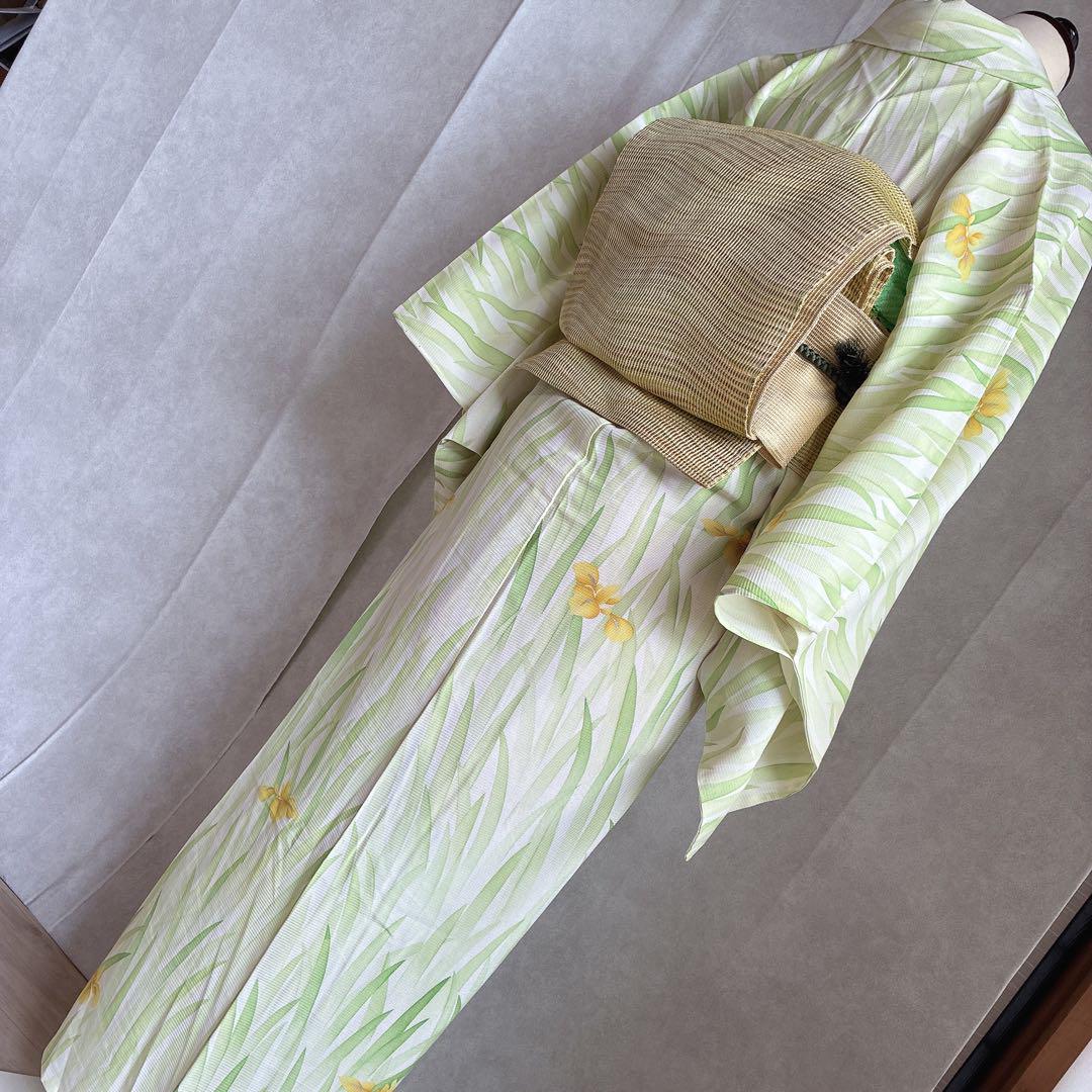 単衣 小紋フルセット 絽 紗 夏着物 しつけ糸付き 正絹 菖蒲 薄緑