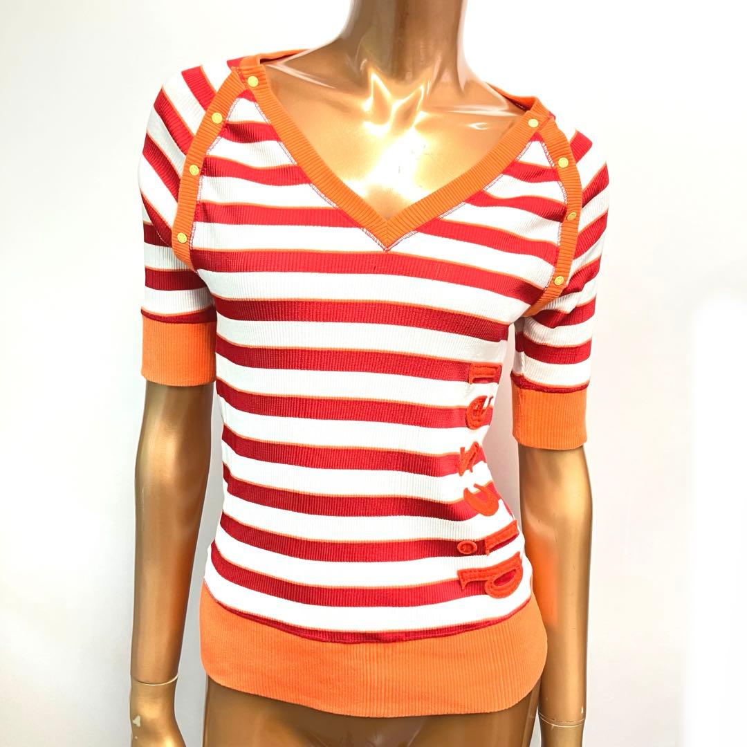 大人気☆diesel☆ディーゼル☆トップス☆ニット☆半袖☆ボーダー☆オレンジ×赤