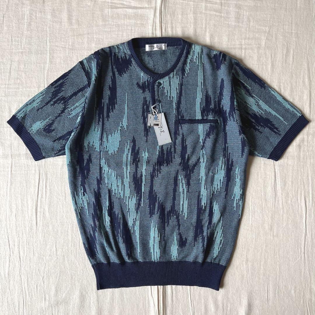 90s vintage ヘンリーネック 総柄メッシュニット モザイク柄 多色編み