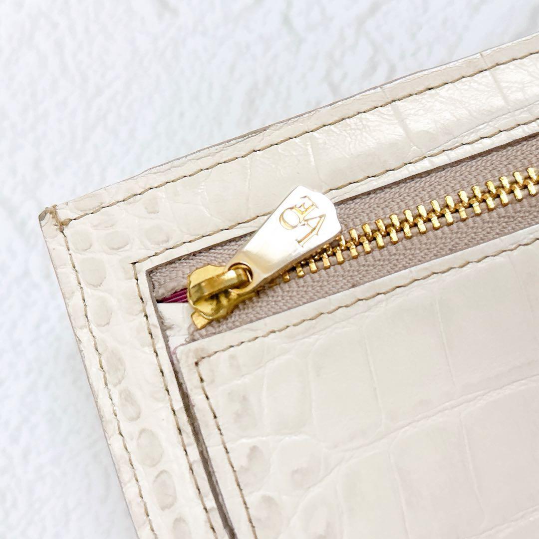 ADMJ 牛革 クロコ型押し スワロフスキー スリムウォレット 長財布 ホワイト