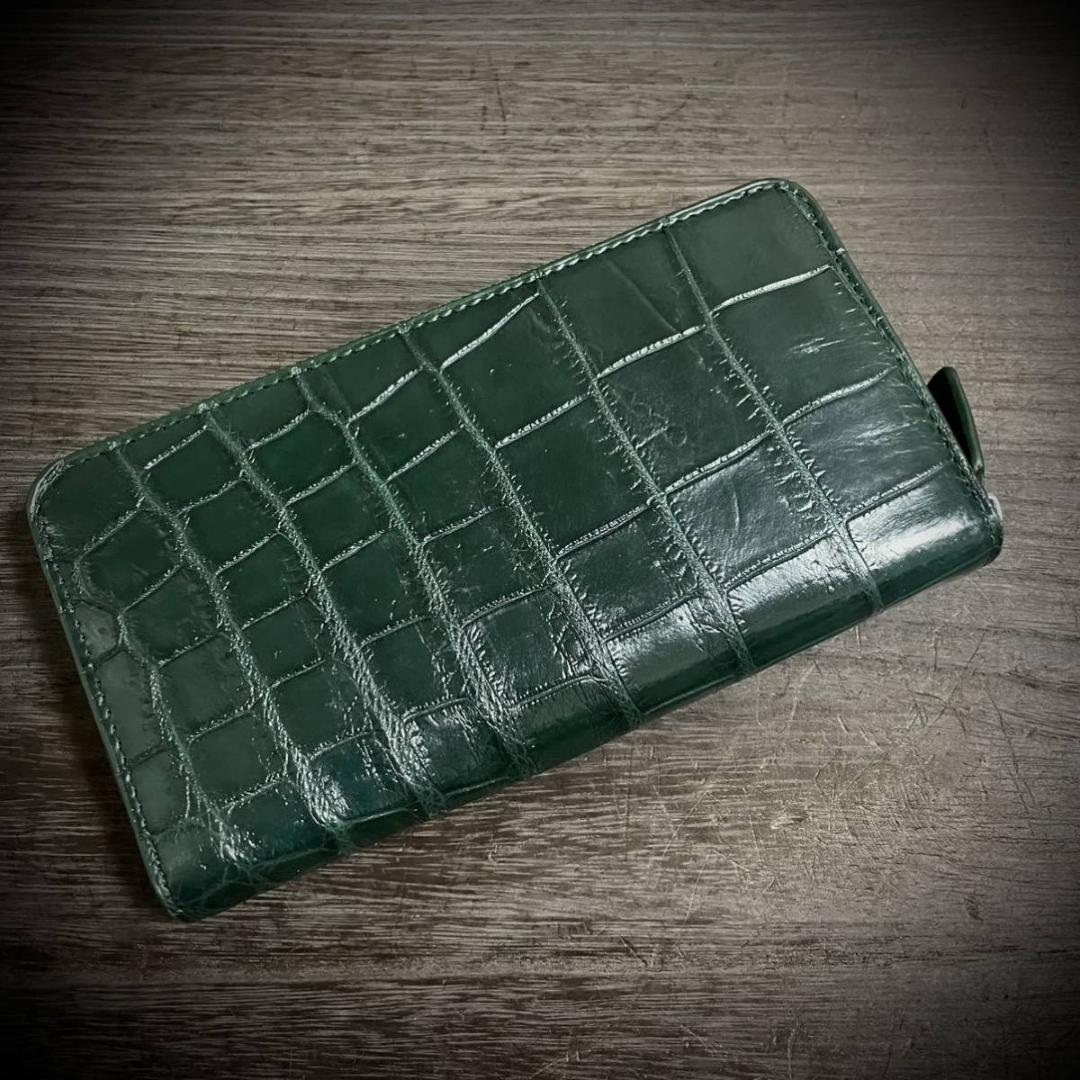 高級 クロコダイル ワニ革 長財布 大容量 本革 マット加工 本革 グリーン 緑