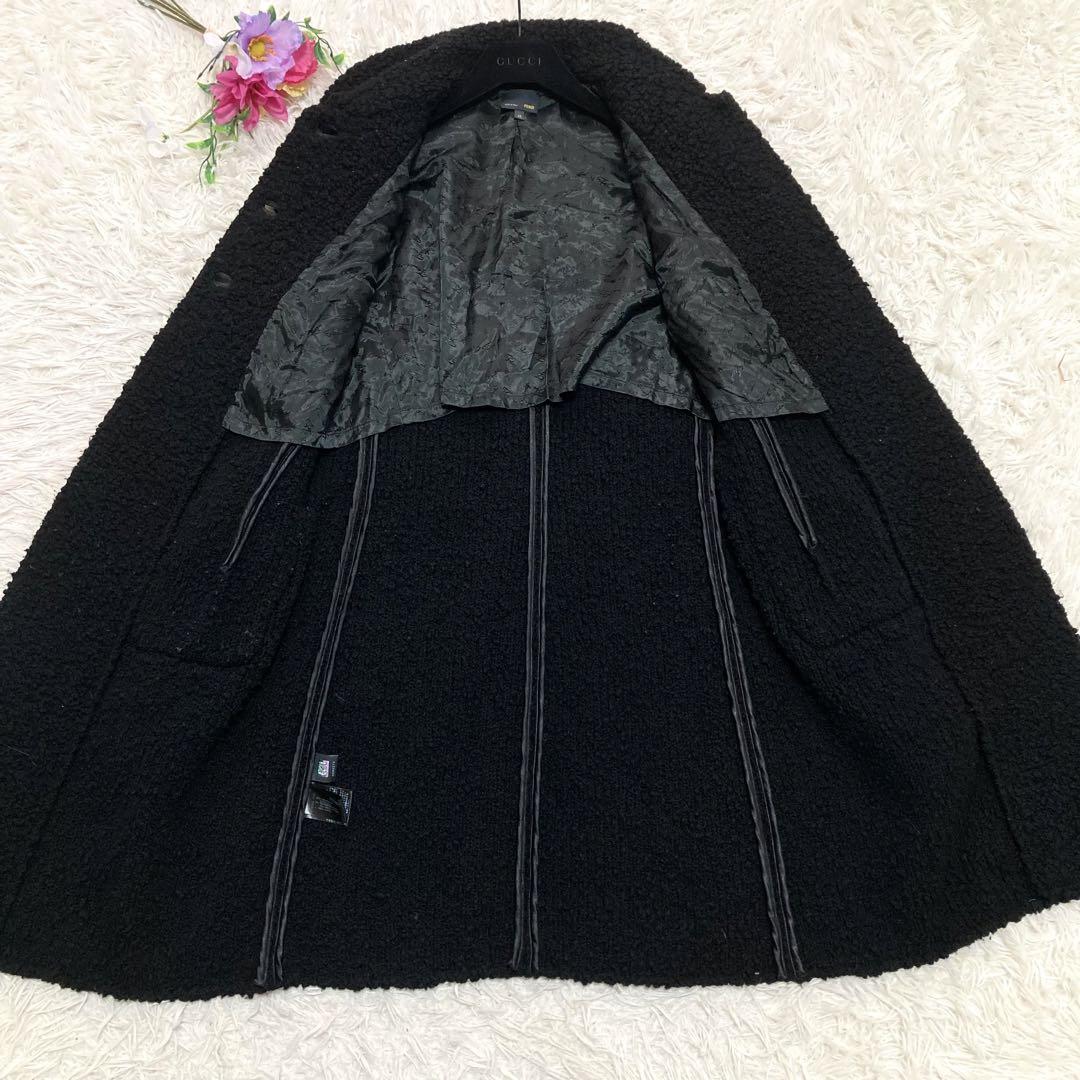美品 フェンディ ロングボアコート 金ボタン ニット切替 黒 46