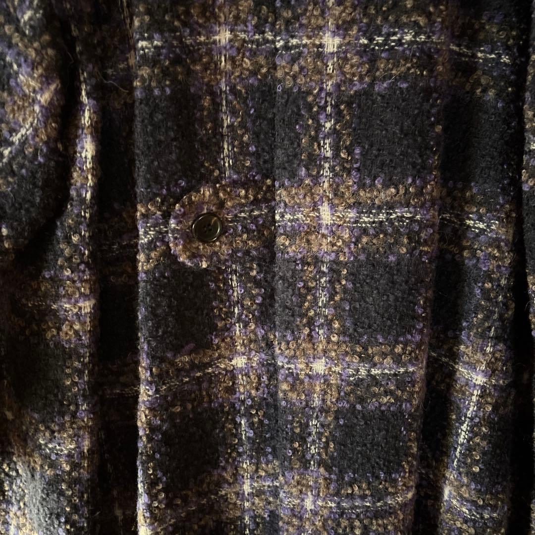 ウール混紡 ネイビー系チェック ロングコート F ウール混紡 ネイビー系チェック ロングコート F