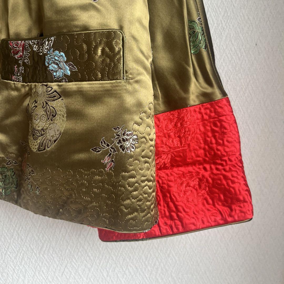 vintage チャイナジャケット リバーシブル サテン 古着 刺繍 赤 カーキ
