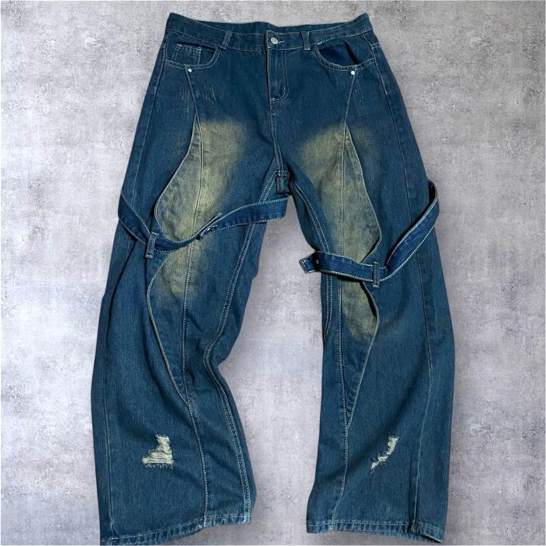 V字切替ワイドバギーデニムパンツ L ストリート Y2Kギミック お兄系