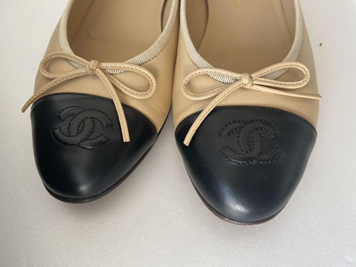 CHANEL ベージュ 38 バイカラー S256n-m73713952882 シャネル バレエシューズ 低価正規品
