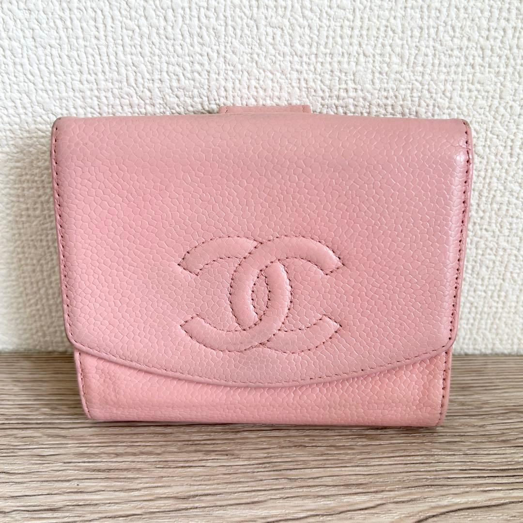 CHANEL キャビアスキン ココマーク ピンク 二つ折り財布