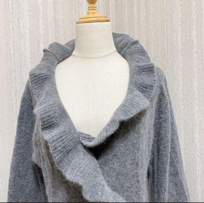充実の品 カーディガン ロングニット プッシュ (9) ウール フリル グレー トップス