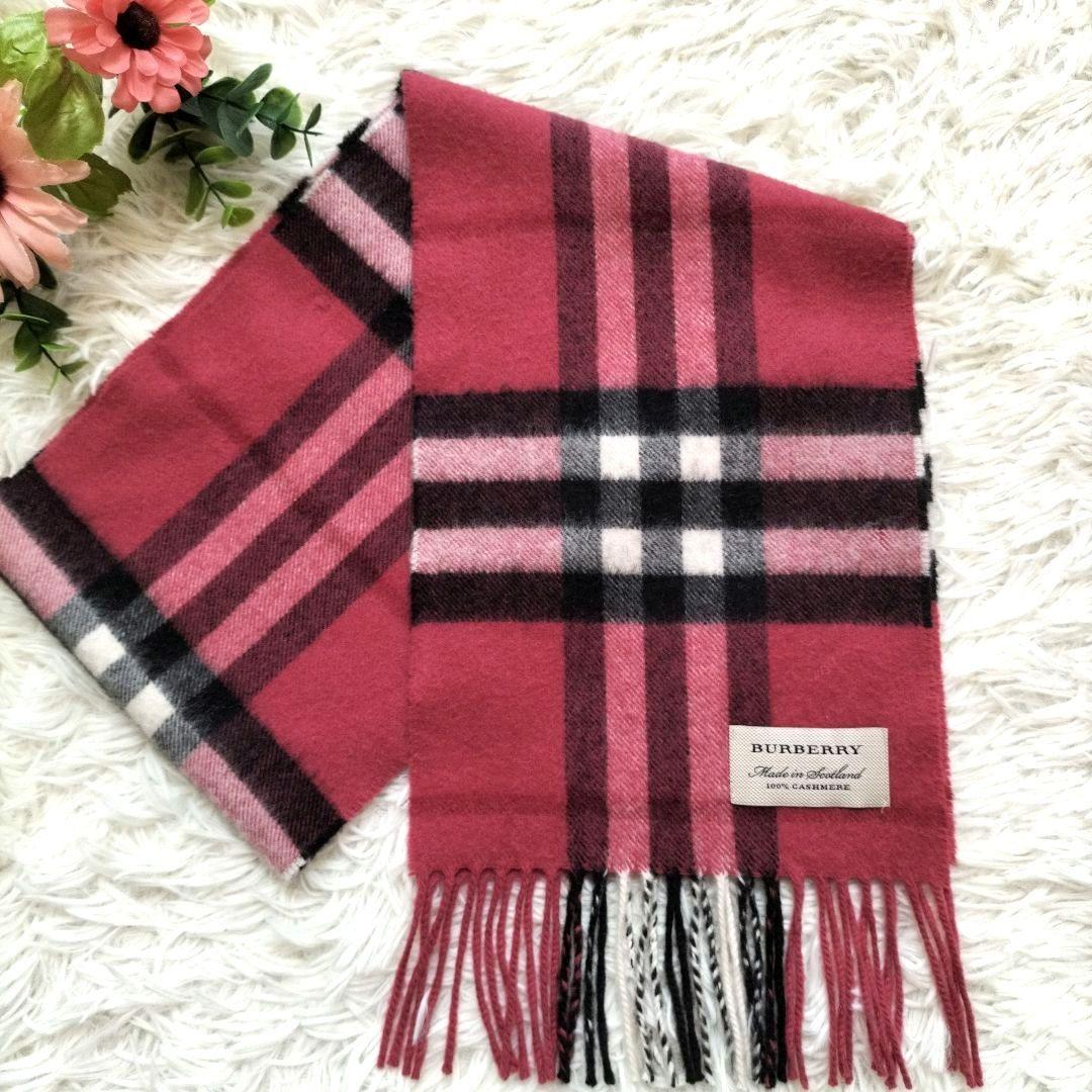 BURBERRY カシミヤ100% マフラー ピンク系 ローズ系 チェック柄