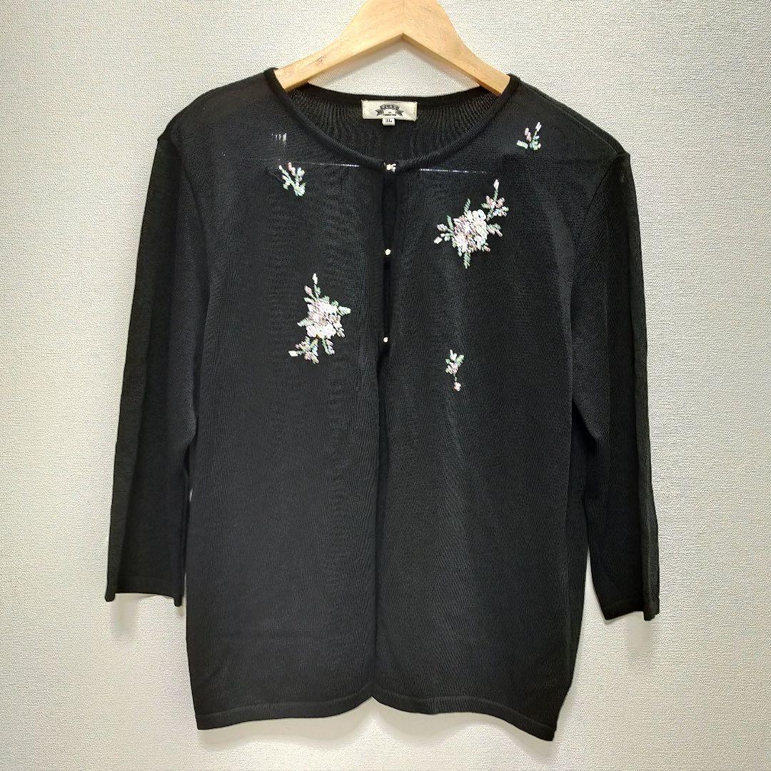 FLAX 刺繍入り黒ニットカーディガン 3L フラックス 大きいサイズ