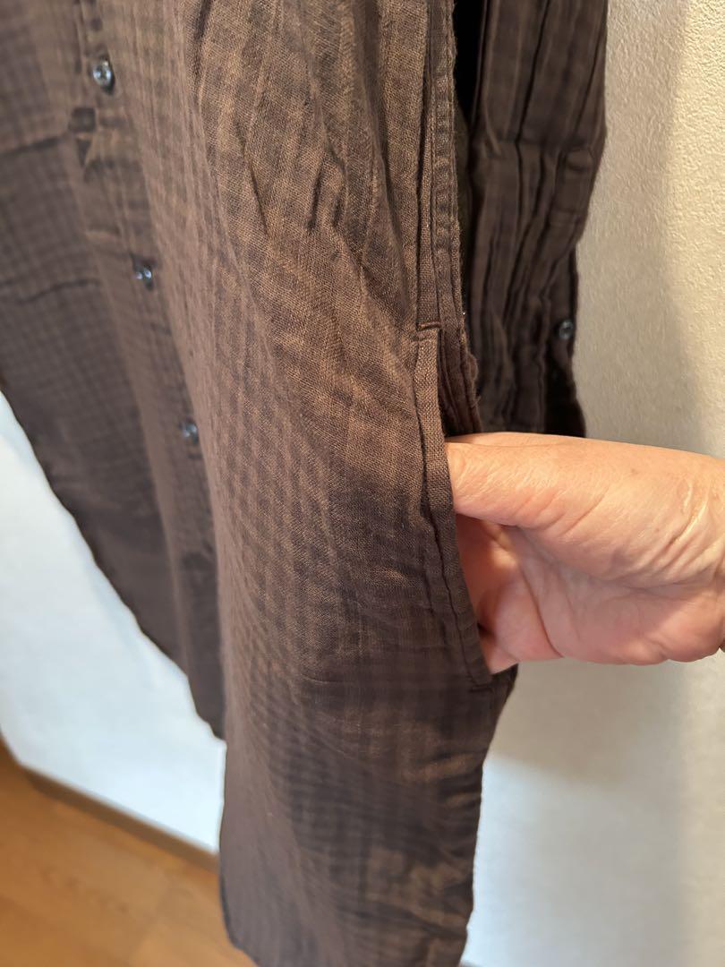 ファッション 通販 ARMEN】アーメン ブラウンギンガムチェック バンド ロングシャツ トップス
