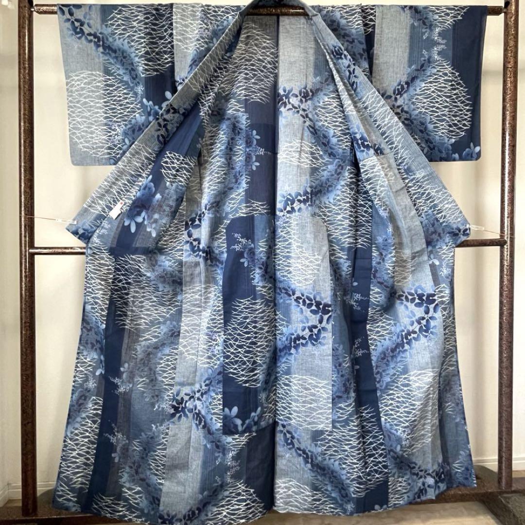 未使用品　綿麻　麻　浴衣 着物　夏物　160㎝　綿紬　本染　現代　青　誂え品