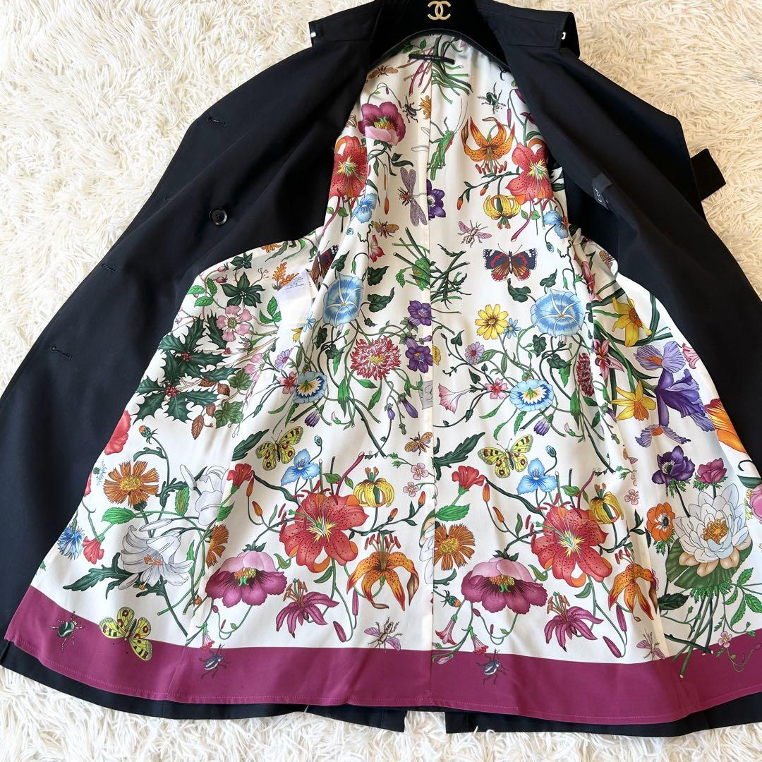 美品 GUCCI 裏地フラワープリント シルク トレンチコート ブラック GG