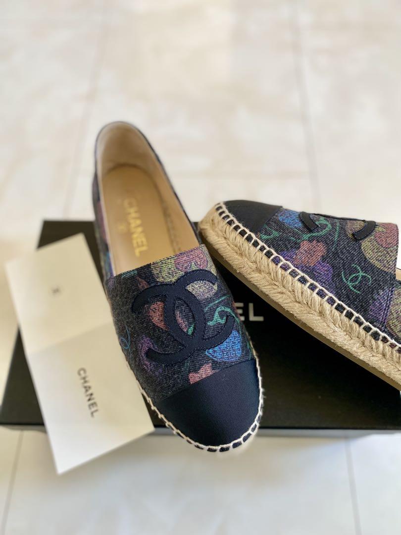 試着のみ CHANEL ブラック デニム ロゴ エスパドリーユ 38 シャネル