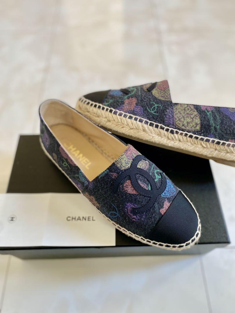 試着のみ CHANEL ブラック デニム ロゴ エスパドリーユ 38 シャネル
