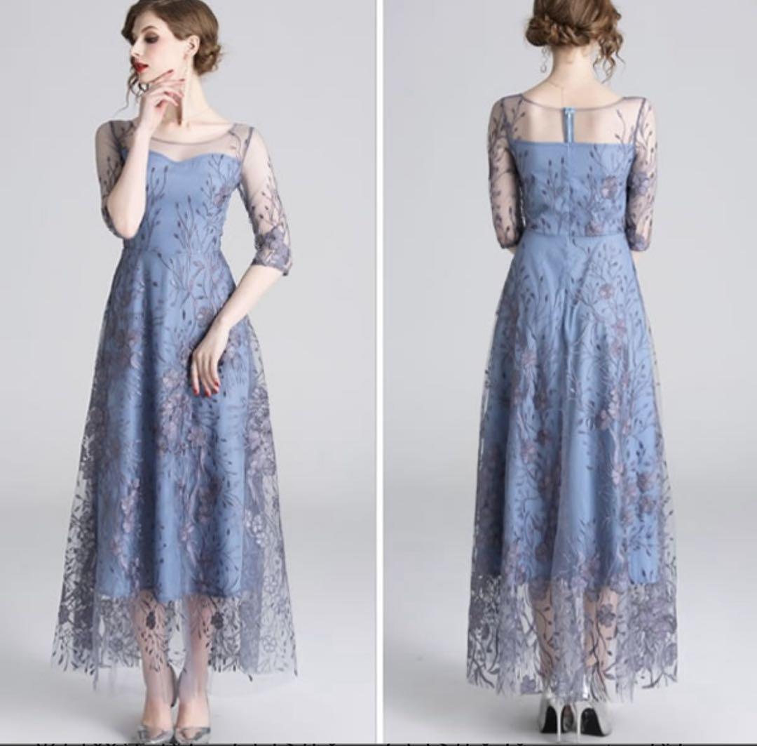 花柄シアーワンピース⭐︎ブルードレス⭐︎上品⭐︎大人可愛い⭐︎美品⭐︎送料無料⭐︎可愛い