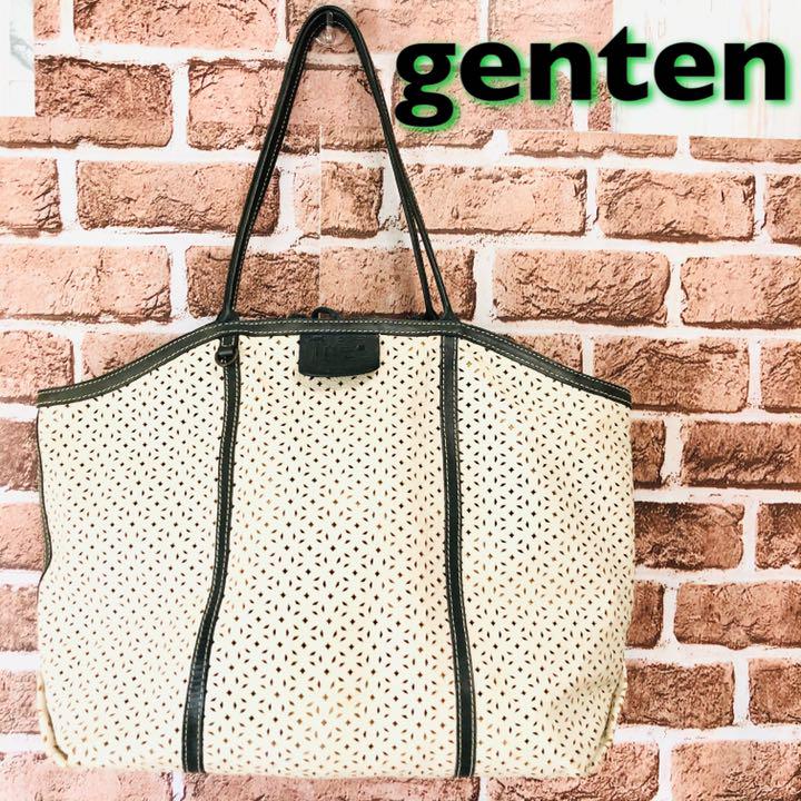genten カットワーク 大きめトートバッグ ベージュ×モスグリーン 肩がけ(¥10,500) - メルカリ スマホでかんたん フリマアプリ