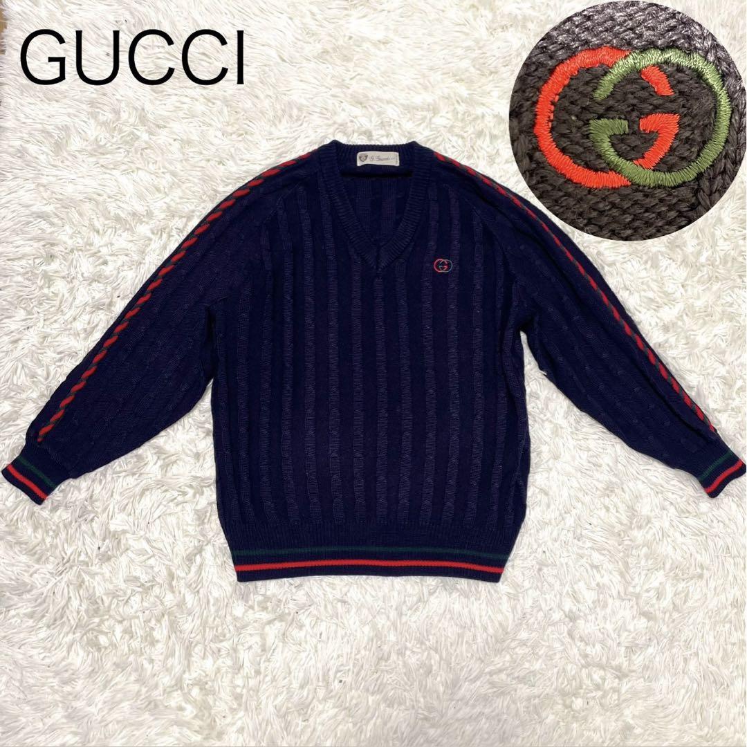 【GUCCI】ケーブルニット ネイビー インターロッキング シェリーライン