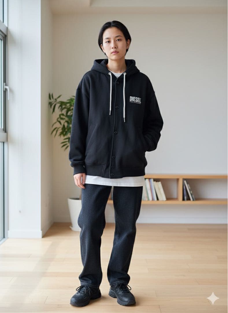 【美品】DIESEL リバーシブル総柄フーディーブルゾン 黒 XS