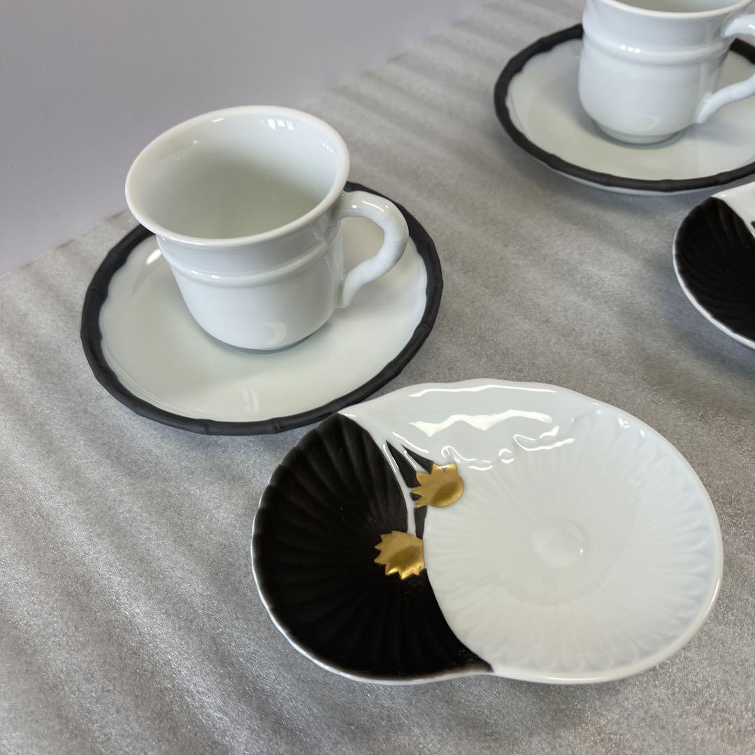 深川製磁 墨.菊彫刻小皿と黒竹デミタスカップ&ソーサー