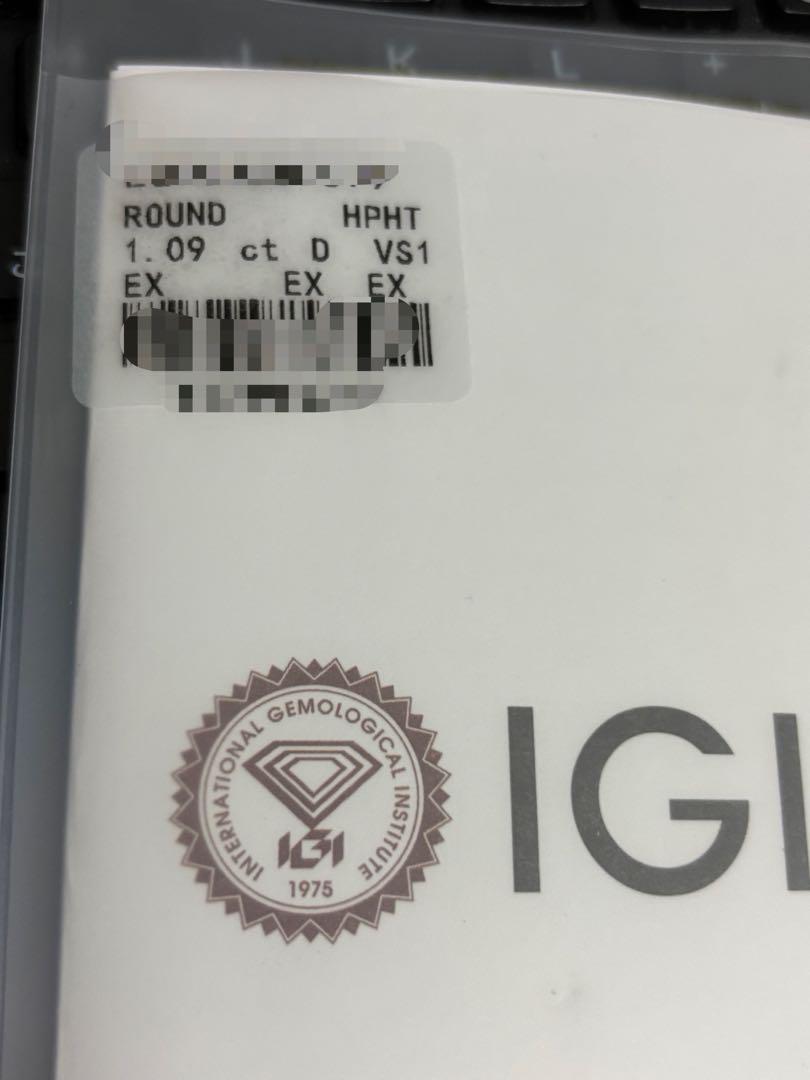 IGI鑑定書付　新品ラボダイアモンド　1.09ct-D-VS1 ラボグロウンダイヤモンド 1.09ct Dカラー VS1 3EX 鑑定書付き
