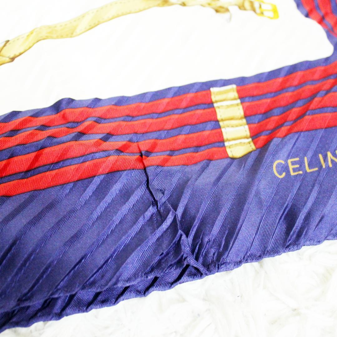 激レア 極美品 CELINE セリーヌ プリーツスカーフ シルク 馬 ネイビー